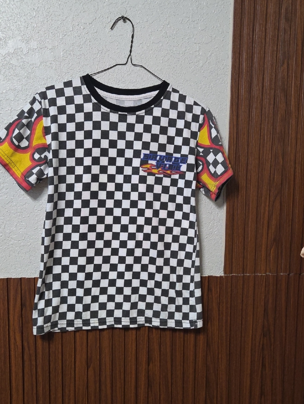 Kids Black & White Checkered Tee with Yellow Flame Sleeves
